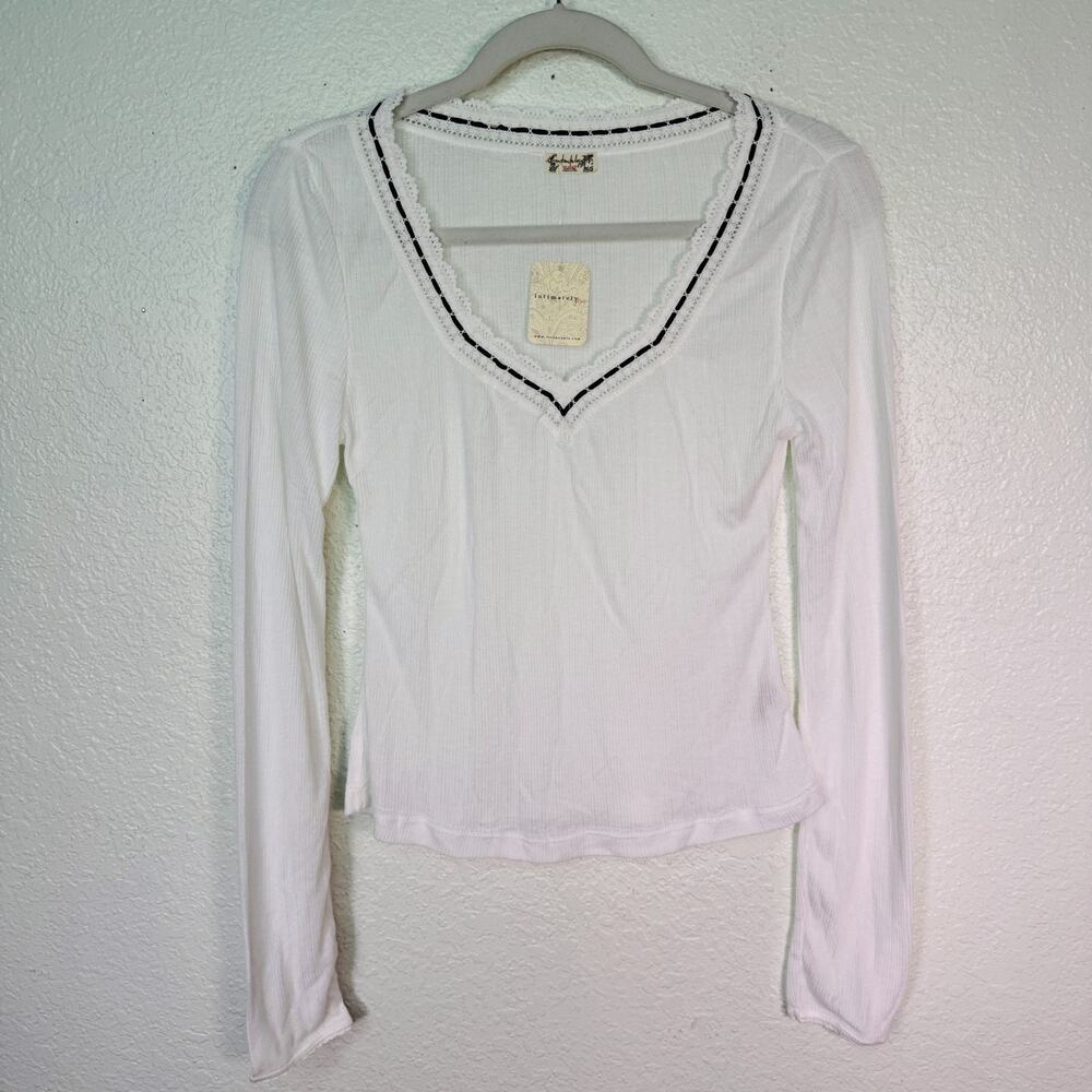 Free People Top Womens Small Only You Long Sleeve Lace Ribbed Layer White NEW